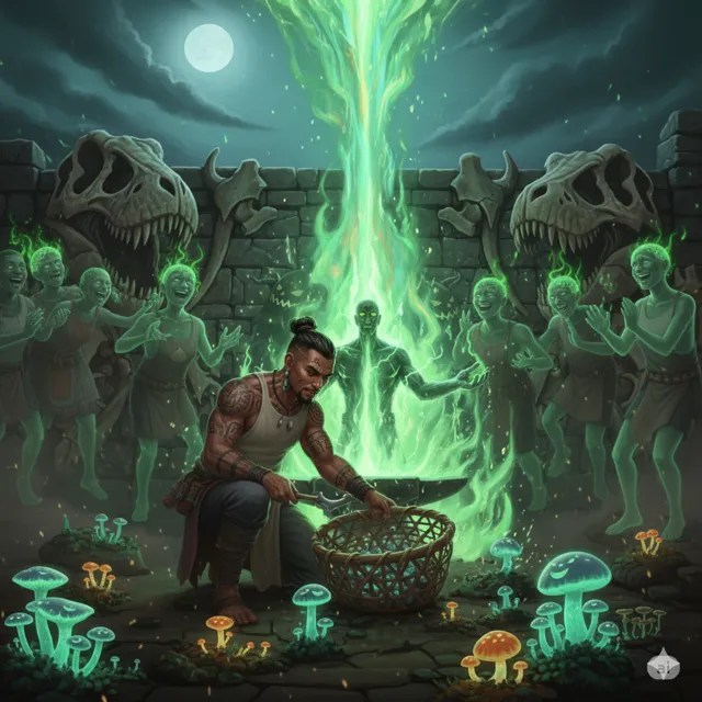 A man sorting glowing mushrooms into a basket.