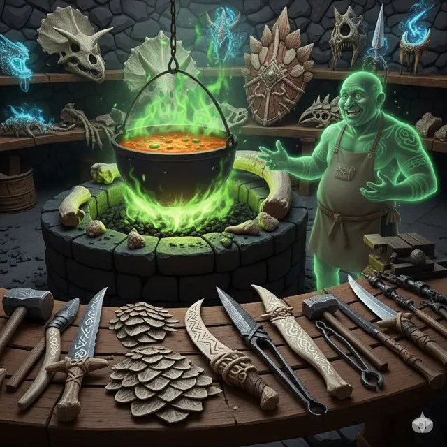 A portly green spirit beside a cauldron at the forge.
