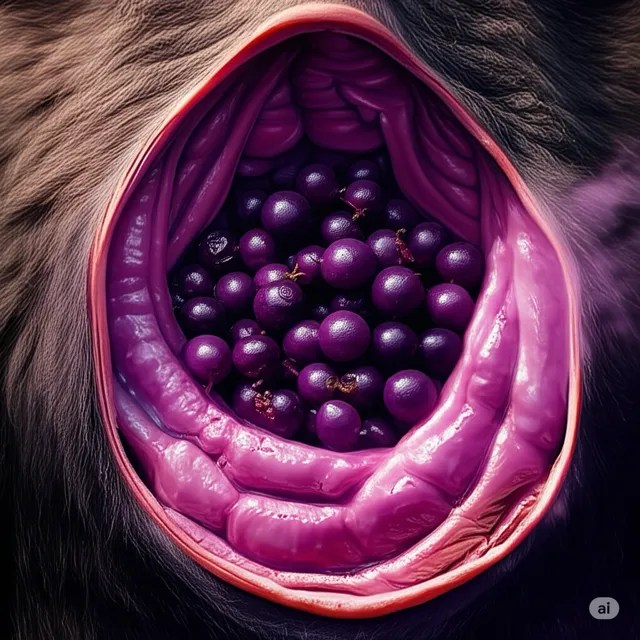 Handout of purple berries inside a carcass.