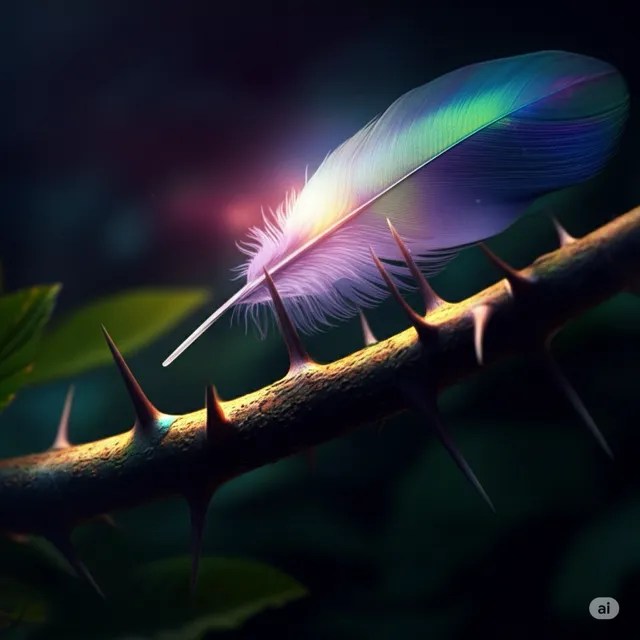 Handout of shimmering feathers caught on thorns.