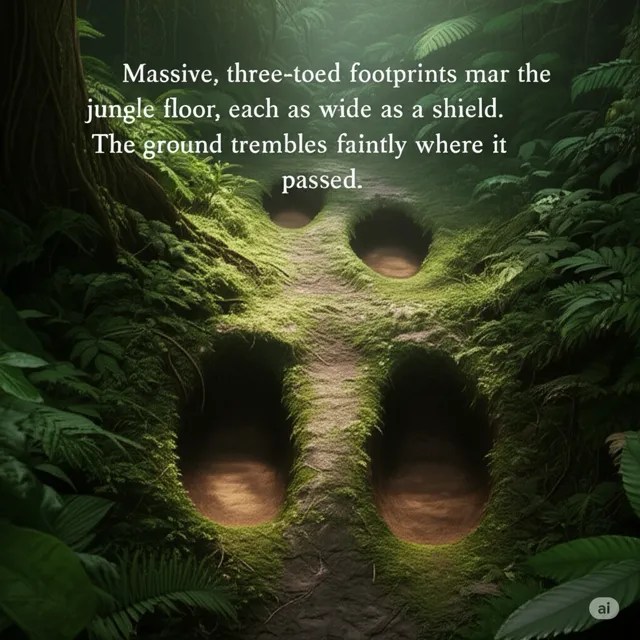 Handout of giant three-toed footprints in jungle mud.