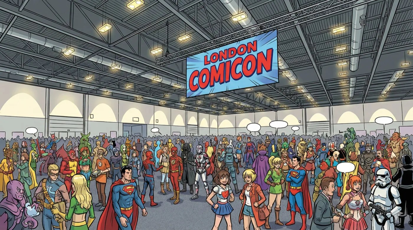 Comic-style art of a packed convention hall under a London Comic Con banner.