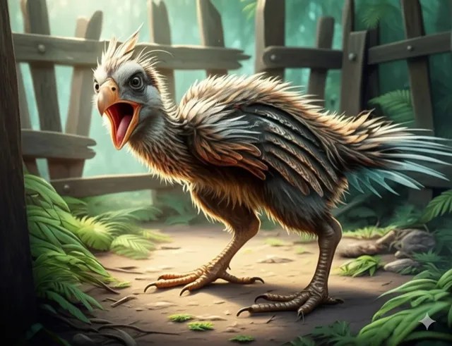 A young axe beak in a wooden pen.