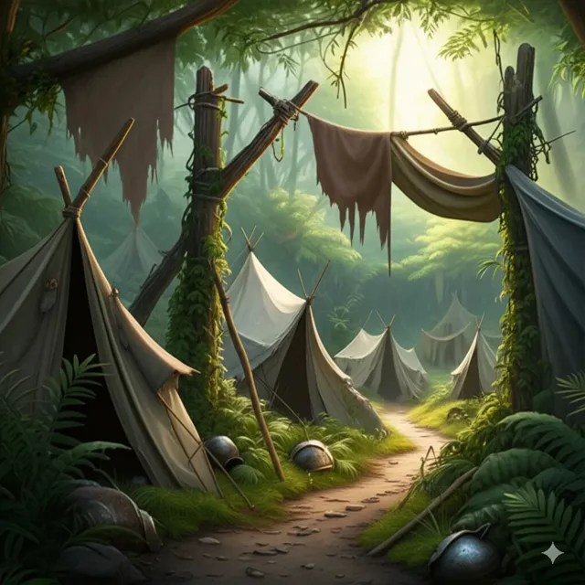 A ruined jungle camp of torn canvas tents under the trees.