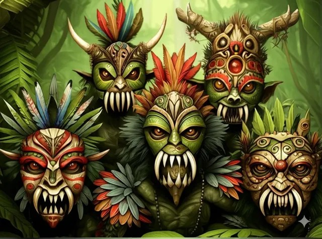 A cluster of painted goblin masks.