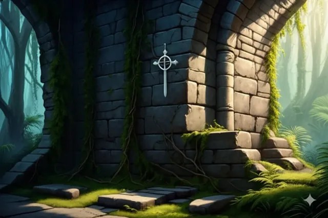 A ruined stone building with a cross over the door, swallowed by jungle.