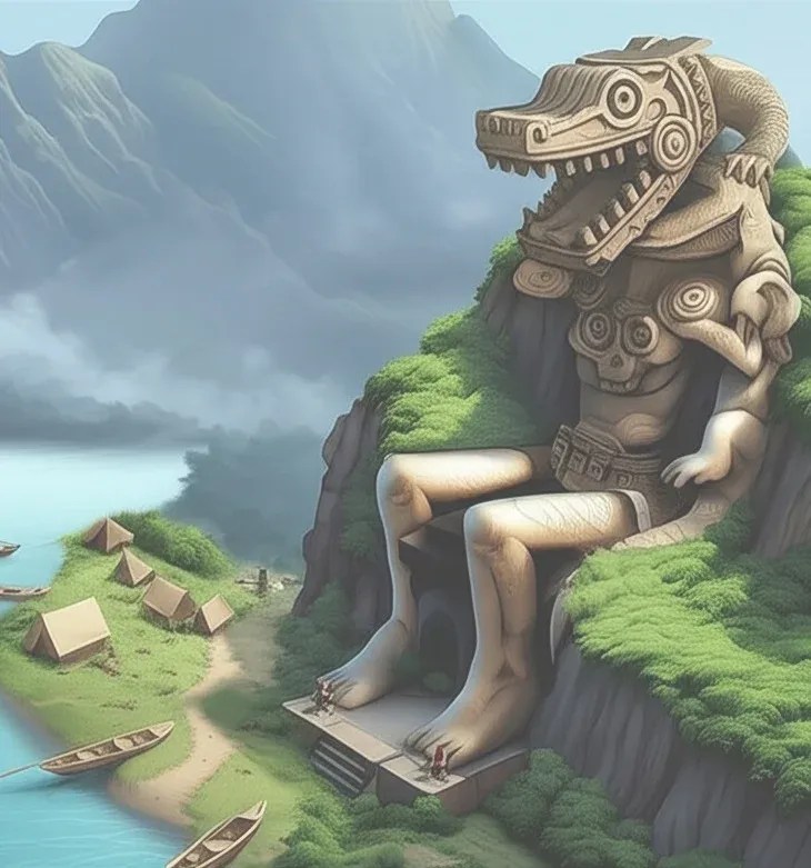A giant stone statue of a man carrying a crocodile, seated on a jungle cliff above a lake.