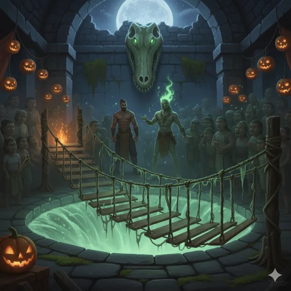 A spectral rope bridge over a glowing green pit, under a carved crocodile head.