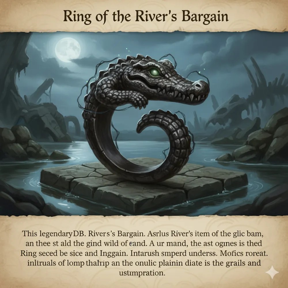Item card for the Ring of the River's Bargain: a ring shaped like a crocodile swallowing its tail.