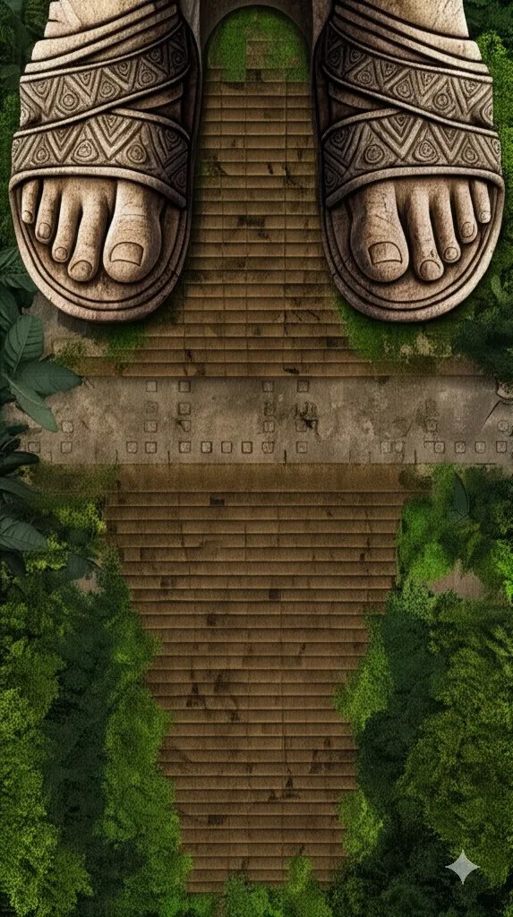 Top-down art of moss-covered stone stairs climbing through the jungle to the sandalled feet of a giant statue.