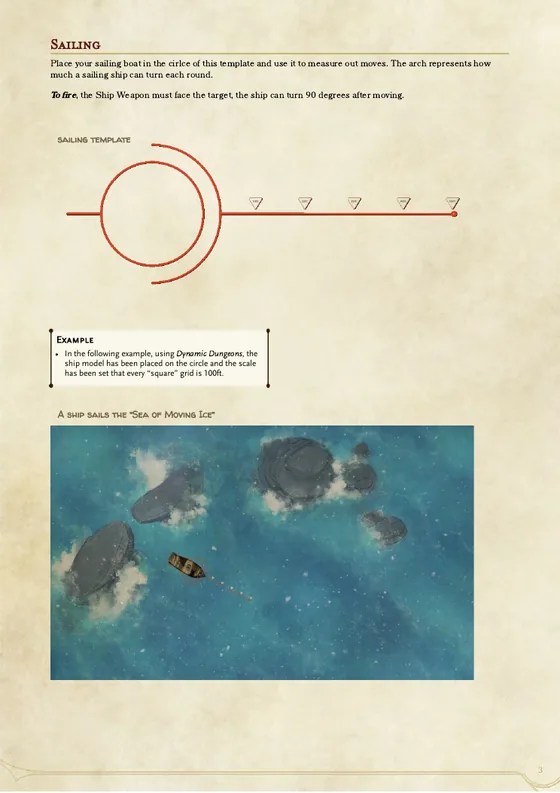 A page of the naval rules: a sailing template for measuring moves and turns, and a ship on a battle map.
