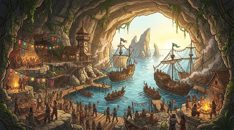 Ships at anchor in a sea cave harbour.