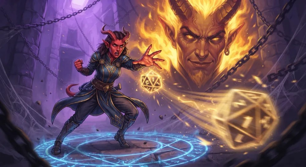 A tiefling facing a grinning devil as golden dice fly between them.