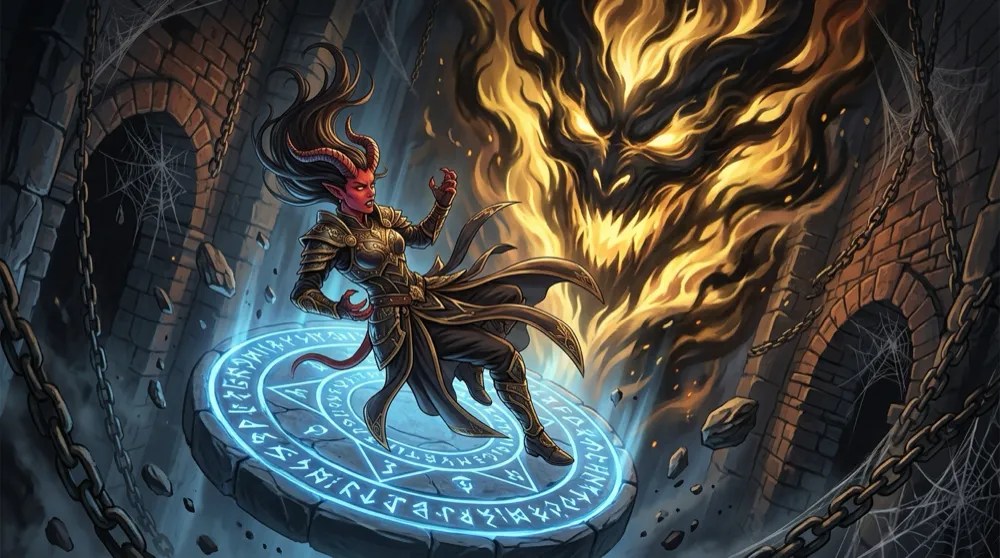 A tiefling cleric frozen in mid-fall above a glowing rune disc, as a huge face of golden hellfire looks down at her.