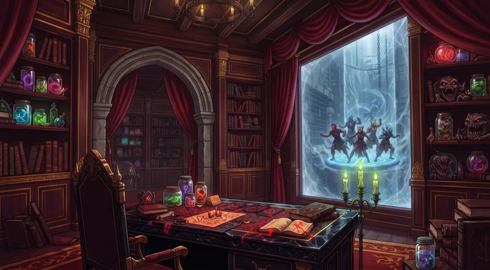 A devil's study, with the party frozen in mid-air beyond the window.