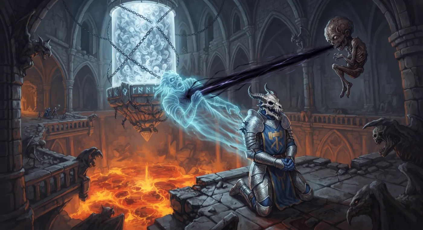 A blue dragonborn paladin kneeling as a ghostly light is drawn out of him towards the floating, shrivelled atropal.