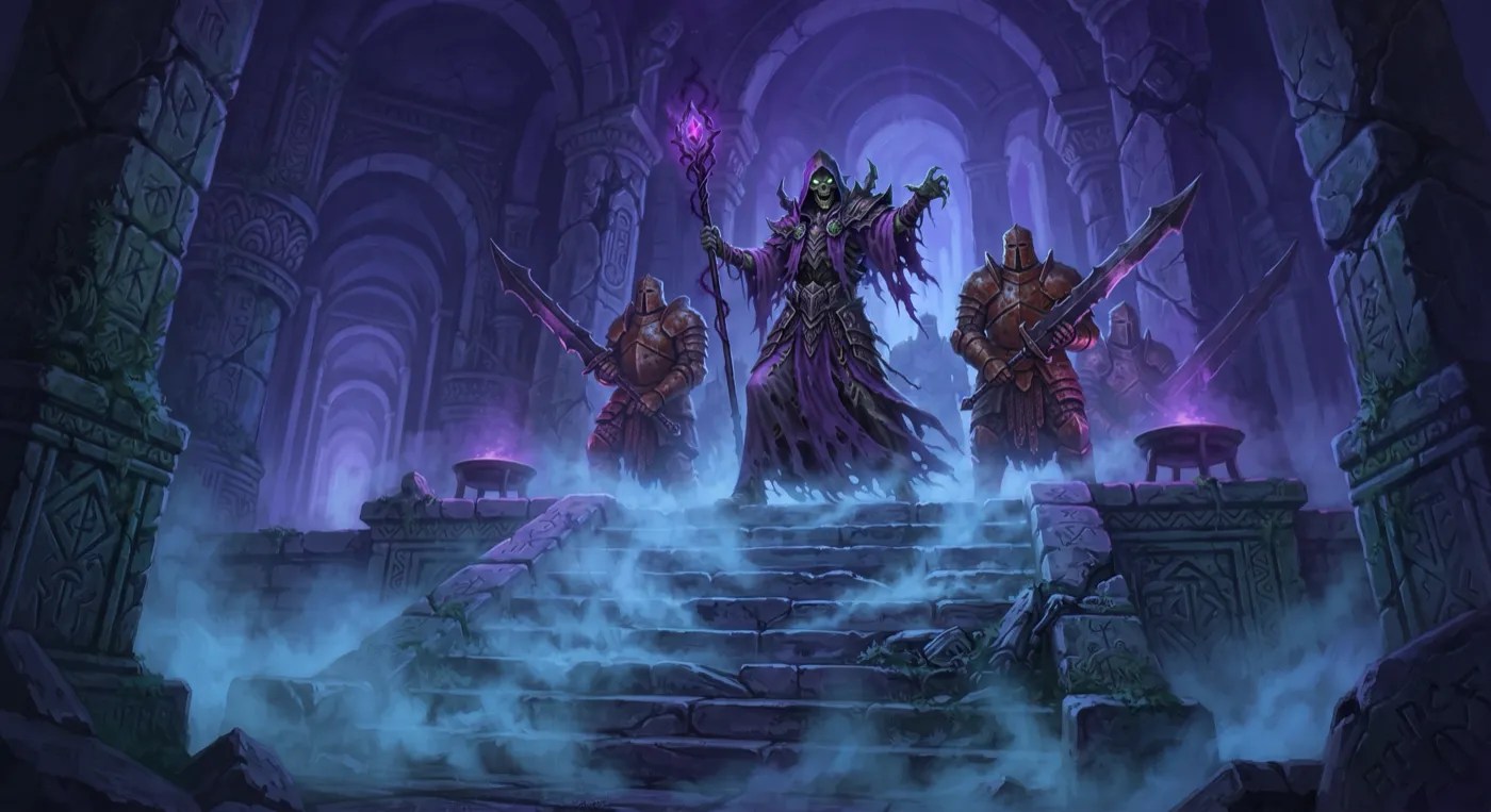 Acererak on a misty stair between two huge armoured guards with jagged greatswords.