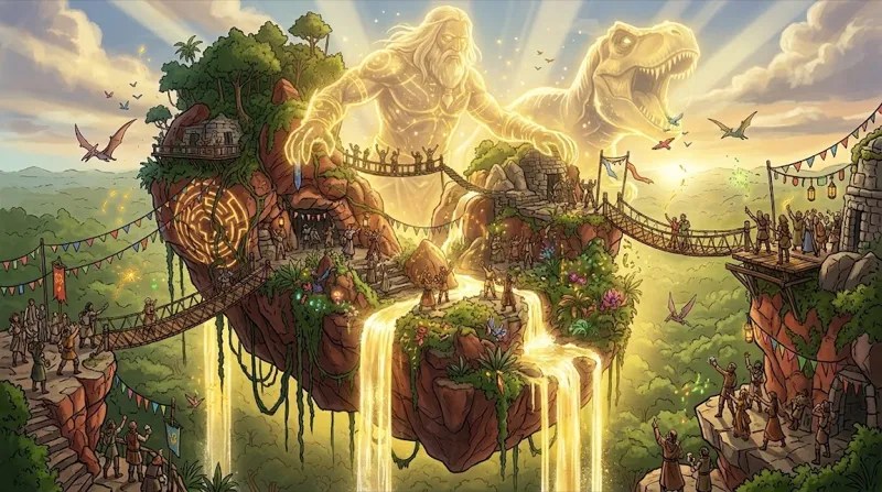 A floating island town with spirit dinosaurs above it.