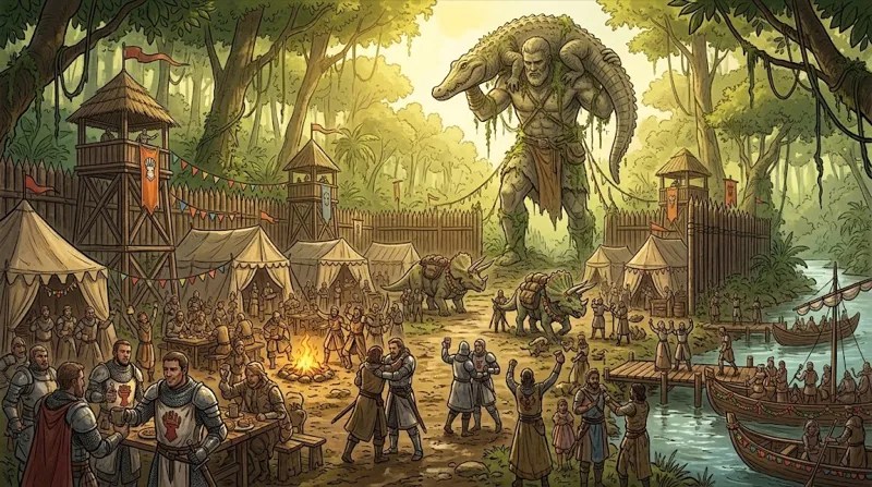 A jungle town with a giant figure watching over it.