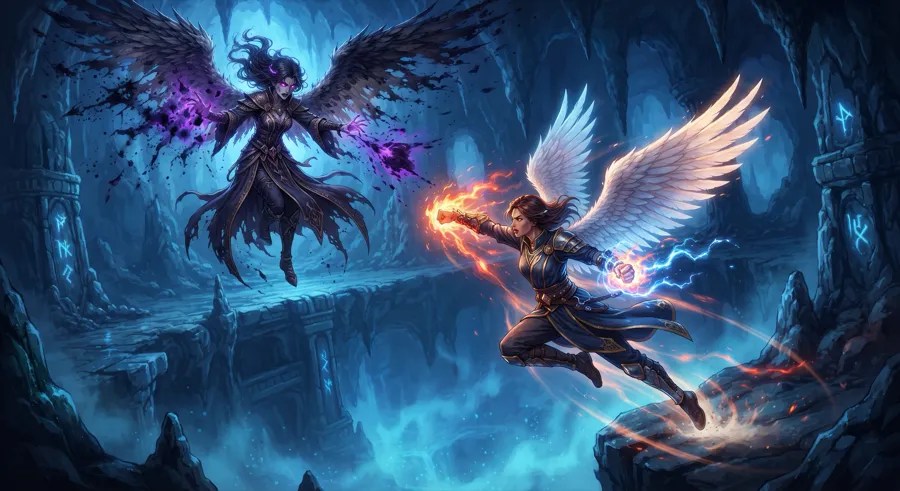 A winged monk flying at a dark-winged copy of herself.