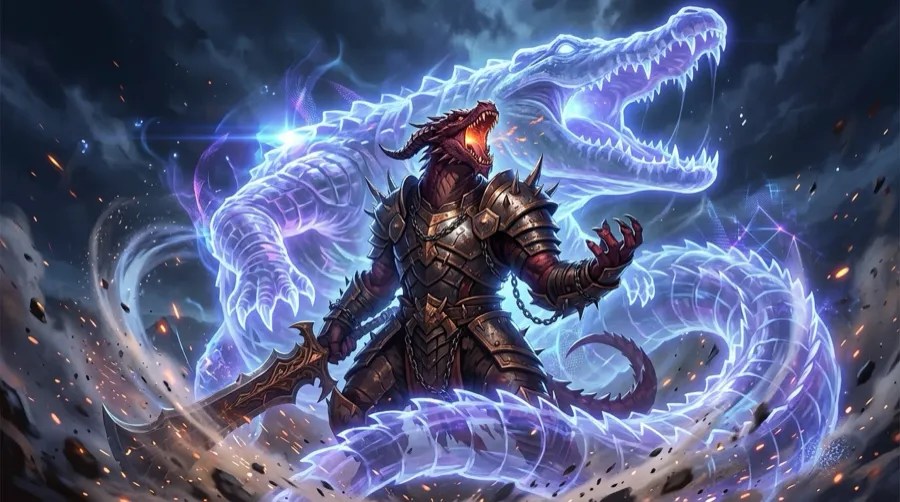A red dragonborn wrapped in a huge spectral crocodile of light.