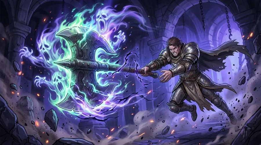 A warrior lunging for a floating axe surrounded by ghostly faces.