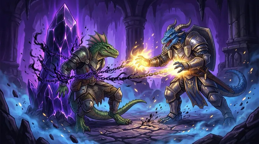 A blue dragonborn paladin reaching for a lizardfolk friend chained to a crystal.