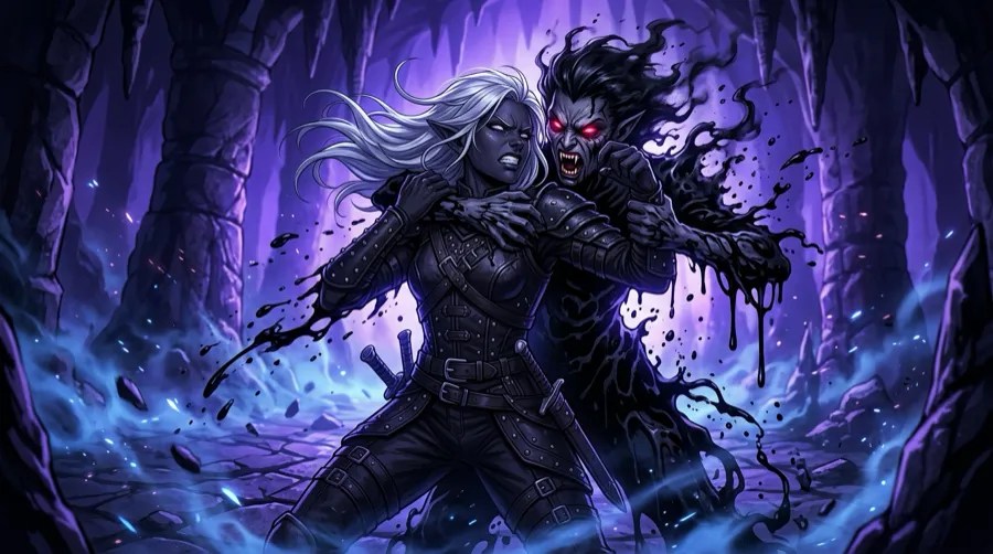 A drow rogue grappling with a vampiric shadow of herself.