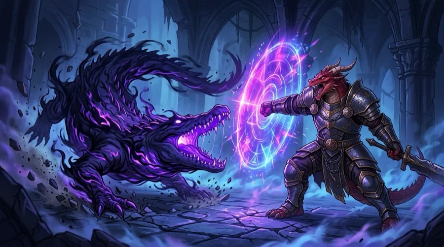 A red dragonborn fighter holding up a psionic shield against a shadow crocodile.