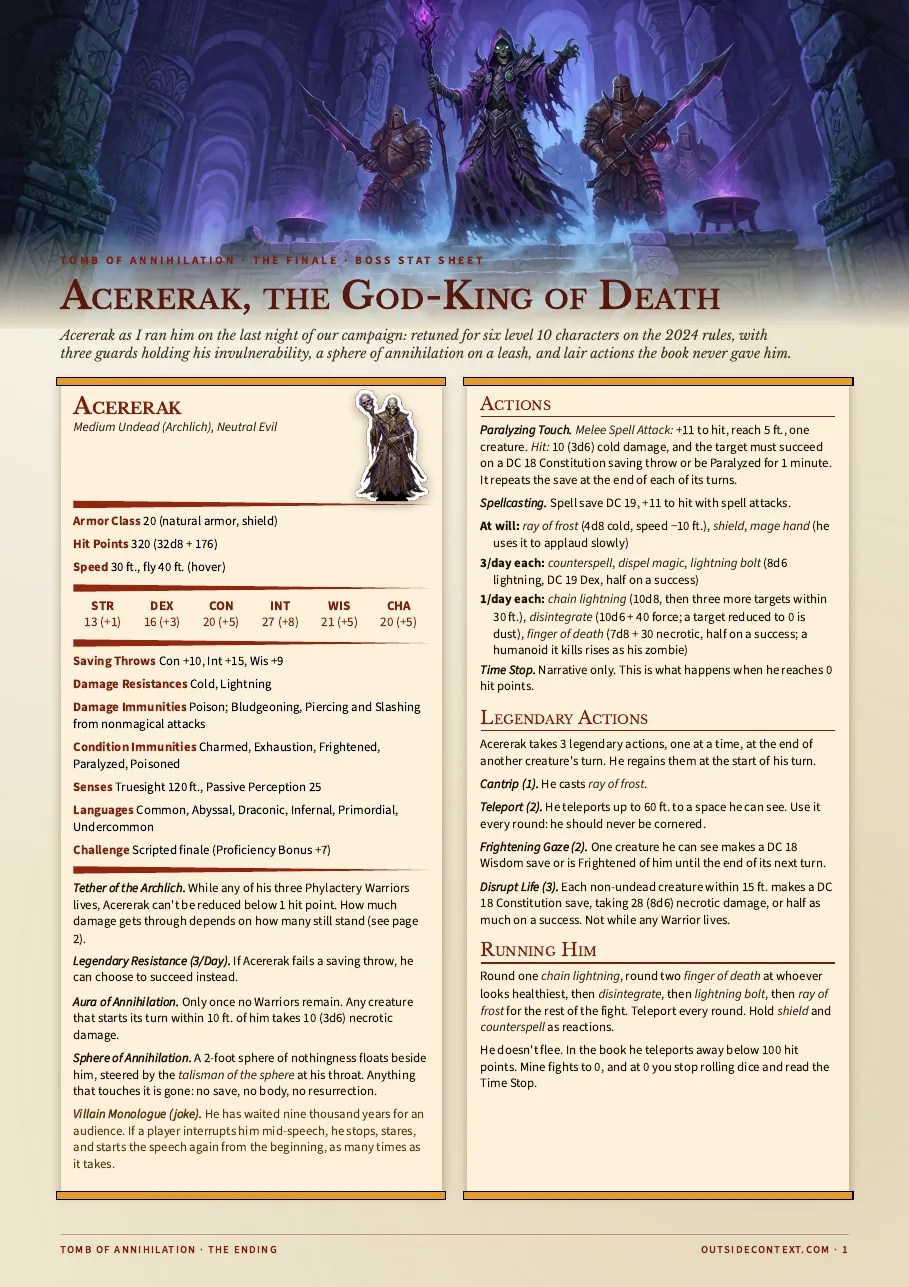 Page one of the Acererak stat sheet: a banner of Acererak and his guards, and his full stat block on parchment.