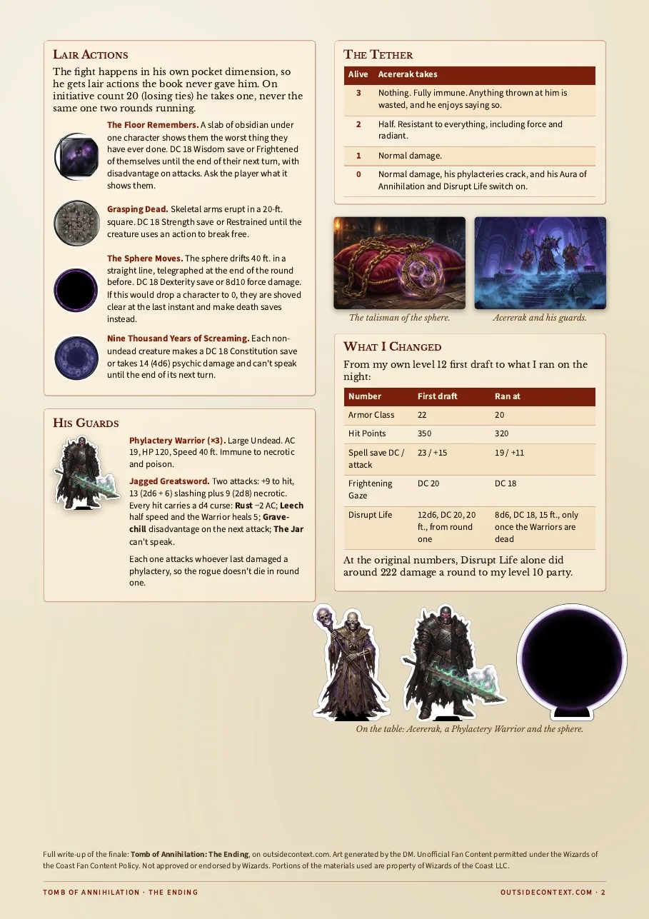 Page two of the Acererak stat sheet: his lair actions with their icons, his guards, the tether table and what I changed.
