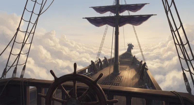 The deck of a ship sailing above the clouds.