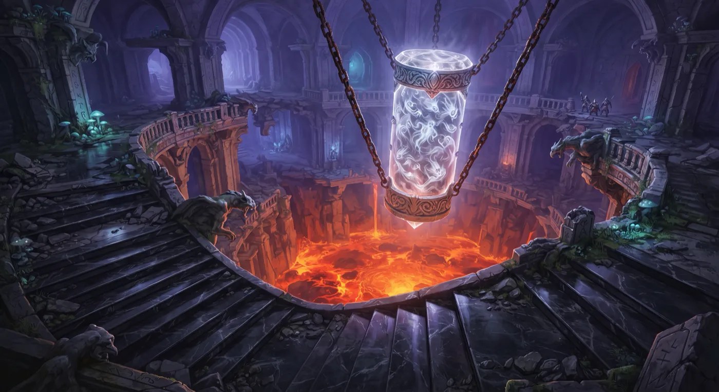 A crystal vessel of swirling souls hanging on chains over a lava pit, surrounded by broken balconies.