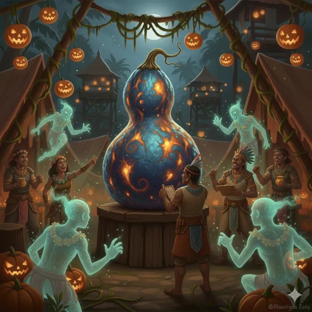 A giant painted gourd on a table, surrounded by spirits.