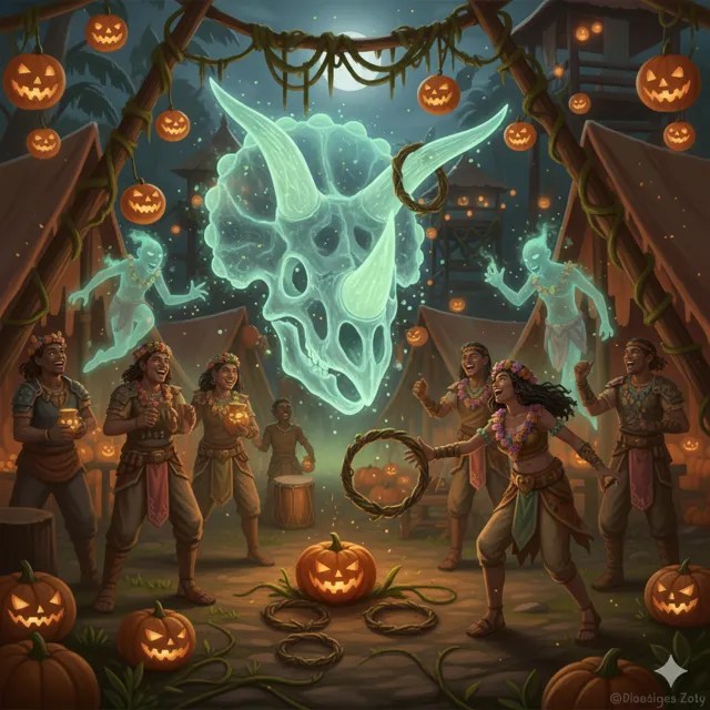 Festival-goers throwing rings at a spectral triceratops skull.