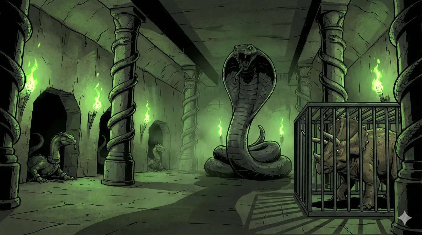 Comic-style art of a temple corridor with a giant cobra and a caged creature.
