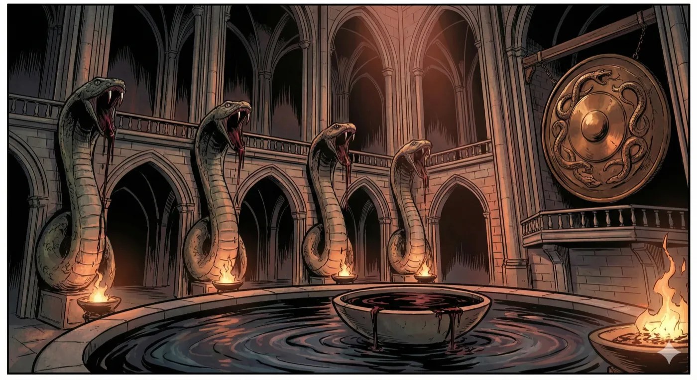 Comic-style art of a dark pool surrounded by carved cobra pillars.