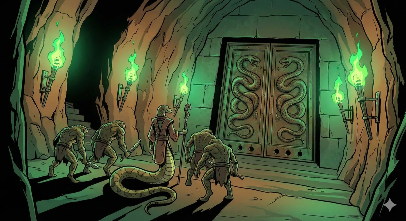 Comic-style art of yuan-ti and a giant snake at a set of serpent-carved doors, lit by green torches.