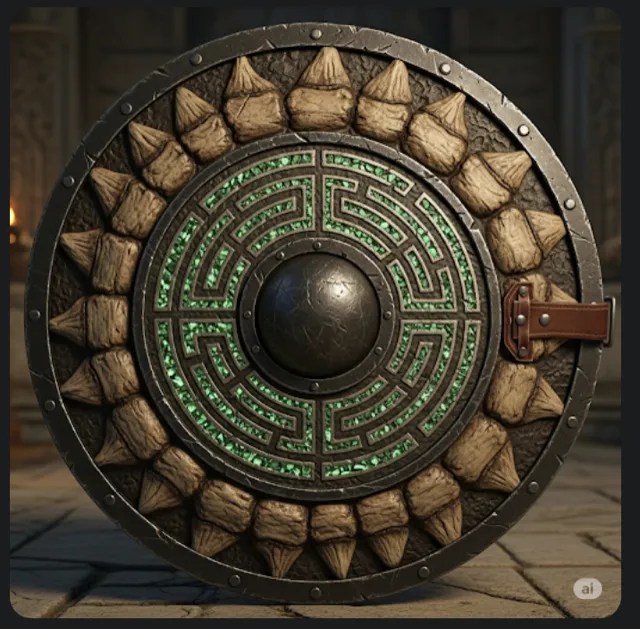 A round shield edged with dinosaur spikes.
