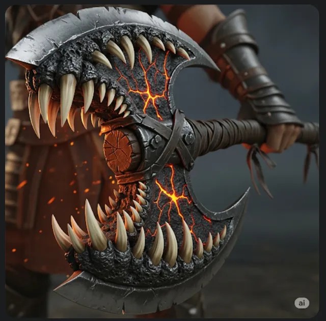 A greataxe with a toothed dinosaur-jaw head.
