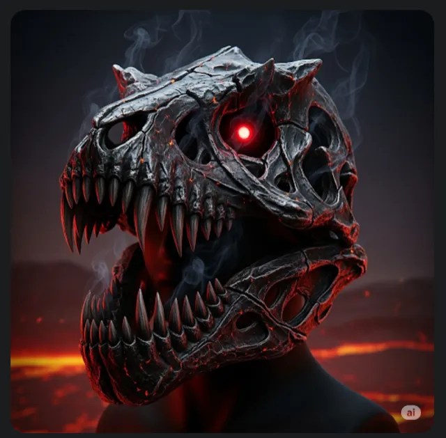 A helm made from a tyrannosaurus skull with glowing red eyes.