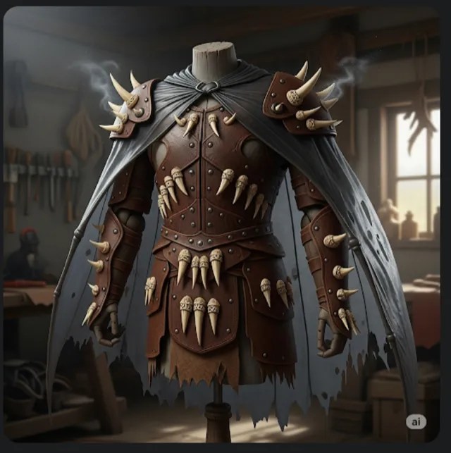 A jerkin of hide and bone with a winged cape.