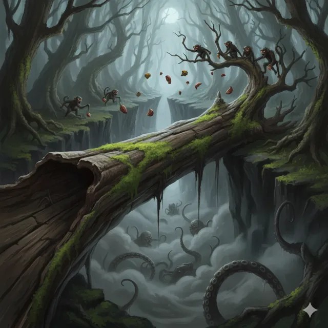 A fallen log spanning a misty chasm, with monkeys on the far side.
