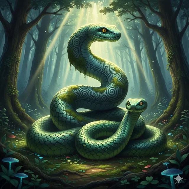 A huge green snake coiled in a forest clearing.