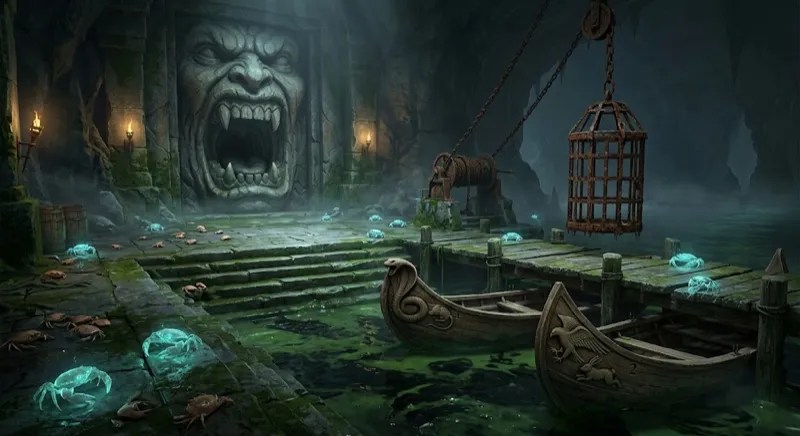 A stone face above dark water, with a cage hanging from a crane over the jetty.