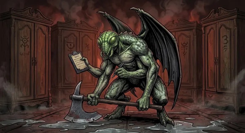 Comic-style art of a winged green fiend holding an axe and a clipboard.
