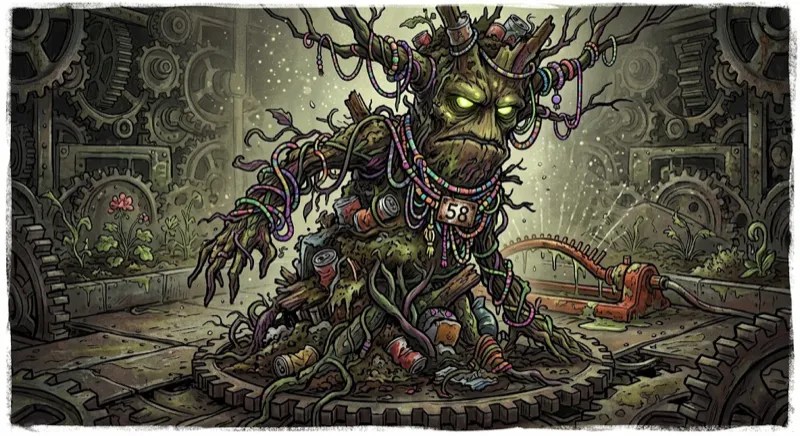 Comic-style art of a tree creature tangled in beads and cables, in a room of gears.