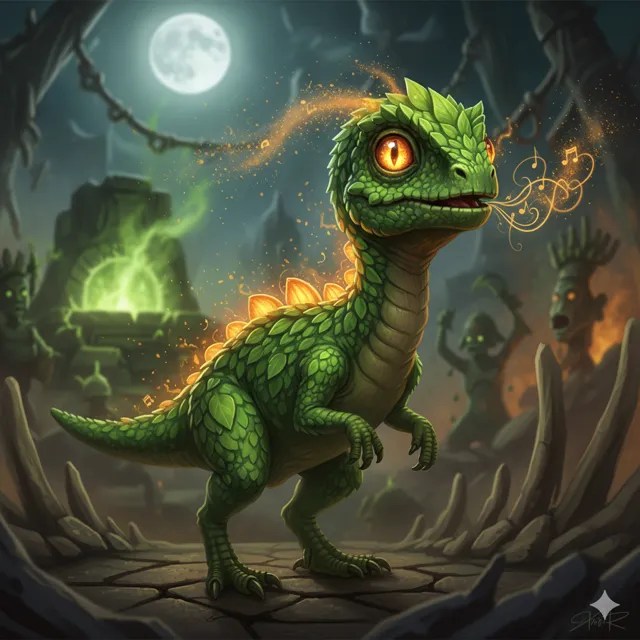 A small green dinosaur with ember eyes and a pumpkin-patterned back.