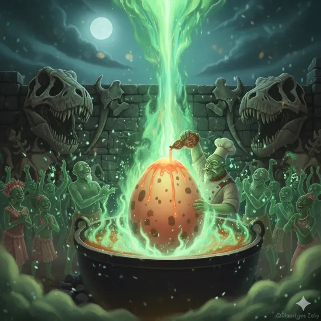 A speckled egg in a cauldron of green flame.