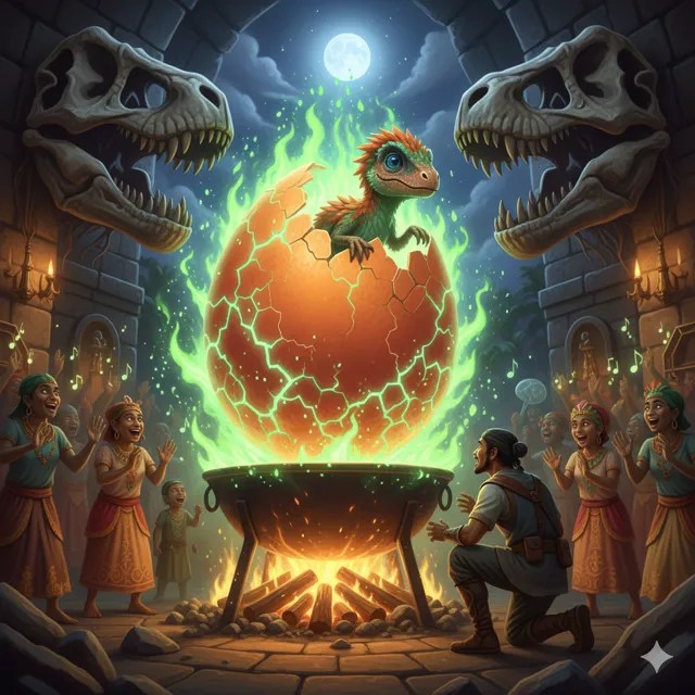 A small dinosaur climbing out of a cracked, glowing egg.